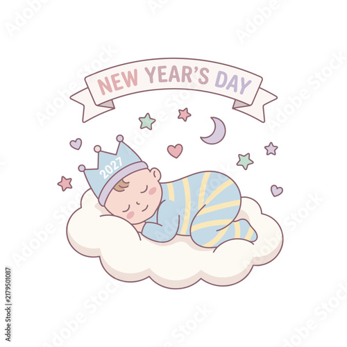 Cute cartoon baby sleeping on fluffy cloud with party hat and New Years Day lettering banner. Holiday greeting concept. Vector illustration in pastel colors for card, poster, print