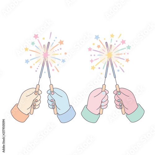 Hands holding burning sparkler with star shaped fireworks isolated on white background. New year and birthday celebration