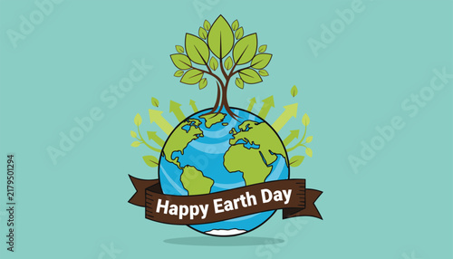 Earth Day banner design with green leafy tree growing from top of blue and green planet Earth surrounded by eco arrows.