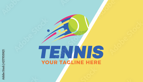 Tennis sports logo showing yellow green ball flying with fast speed lines over diagonal divided tennis court background.