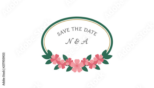 Elegant save the date wedding invitation card template featuring a green oval frame decorated with pink floral blossoms.