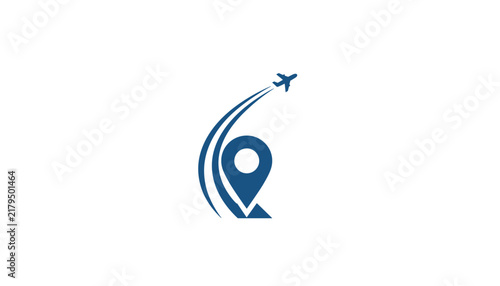 Creative travel agency logo concept featuring a dark blue location pin combined with a rising airplane silhouette icon.