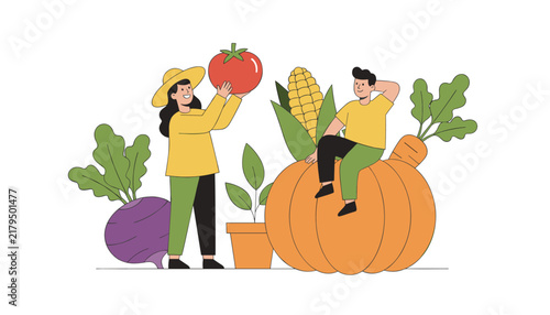 Happy local farmers celebrating a bountiful autumn harvest with giant organic vegetables including pumpkin, tomato, and turnip.