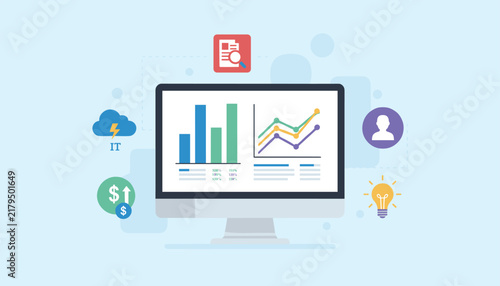 Modern computer monitor displaying colorful business analytic charts and surrounded by various colorful corporate vector icons.