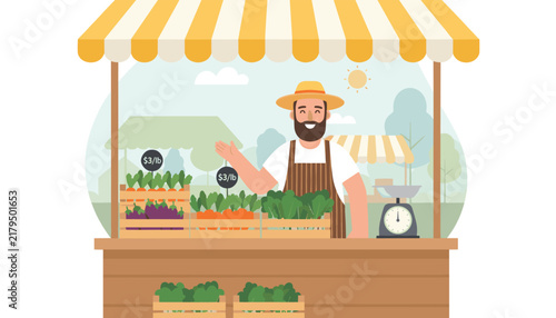 Friendly local bearded farmer presenting fresh organic carrots and green vegetables at his wooden market stall under a sunny sky.