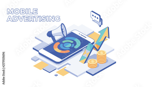 Isometric vector illustration representing mobile advertising with a megaphone, rising arrow, and golden coin stacks.