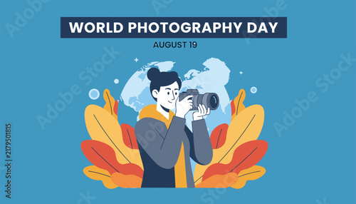 Professional female photographer taking pictures with her DSLR camera to celebrate World Photography Day on August nineteen.