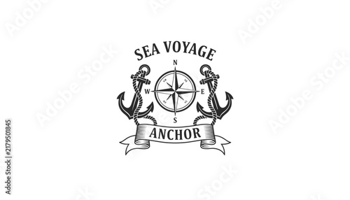 Classic vintage nautical logo design featuring detailed anchors, marine compass, and elegant hand drawn banner.