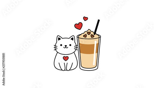 Adorable white cartoon cat sitting happily next to a tall glass of delicious iced coffee frappe decorated with hearts.