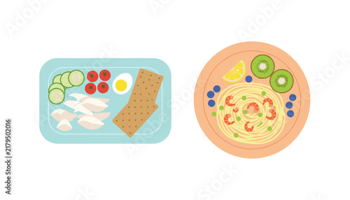 Delicious flatlay of healthy meals featuring a fresh seafood lunchbox and a plate of shrimp pasta with kiwi slices.