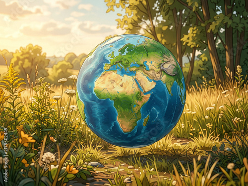 Earth globe resting in tall golden grass and wildflowers among trees in soft daylight