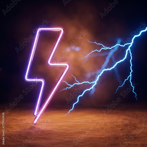Pink neon bolt on orange earth with blue lightning in a smoky backdrop