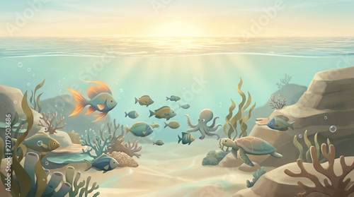 Underwater scene with reef fish a sea turtle and an octopus among coral