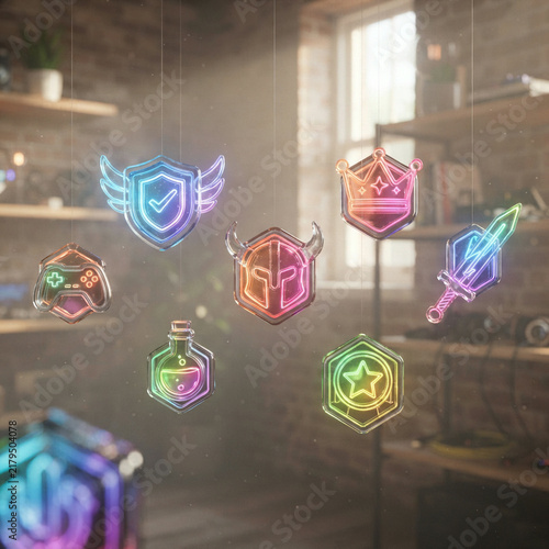 Nine glowing fantasy icons floating before a brick wall and a workbench