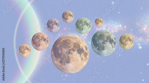 Ten cratered moons floating in a pastel blue and purple starry cosmic sky