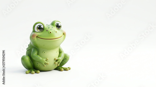 Green frog figurine seated on a reflective surface against white in a studio
