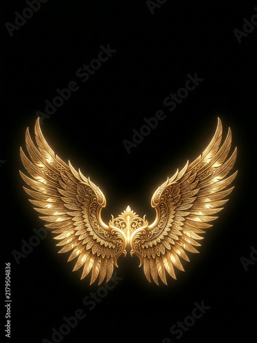 Ornate golden wings glowing symmetrically against a solid black backdrop