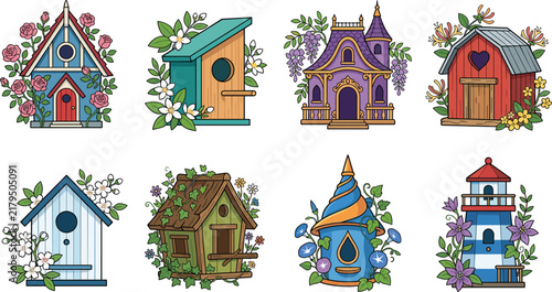 Set of colorful vector illustrations featuring various decorative birdhouses adorned with flowers and plants