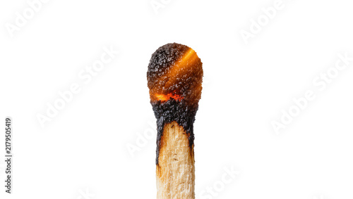 Burnt match head with glowing embers, isolated on transparent background