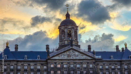 Royal Palace of Amsterdam cupola at sunset, Dam Square, Netherlands