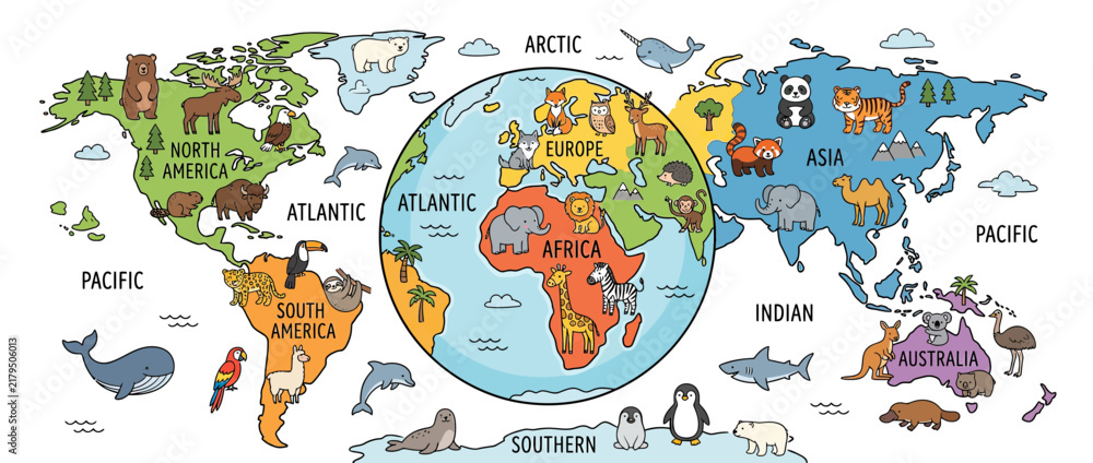 Naklejka premium Cute cartoon world map with animals isolated