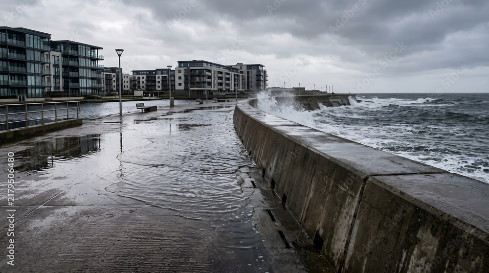 Obraz premium Coastal flooding near seawall protection infrastructure, representing climate adaptation, sea level rise and flood resilience for environmental reports, engineering presentations and risk management c