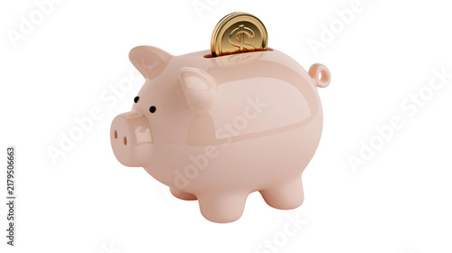 Pink ceramic piggy bank with golden dollar coin inserted, isolated on transparent background