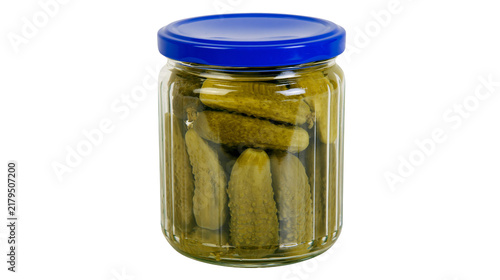 Glass jar filled with gherkins in brine, isolated on transparent background