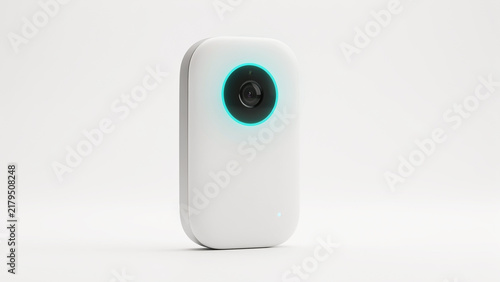 Obraz na płótnie Modern compact security camera device with illuminated lens on transparent background