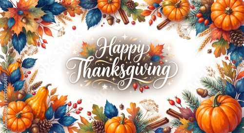 Beautiful thanksgiving greeting card with a decorative frame of pumpkins and autumn leaves on white background