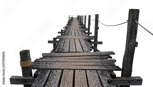 Weathered wooden pier with rope railings, isolated on transparent background