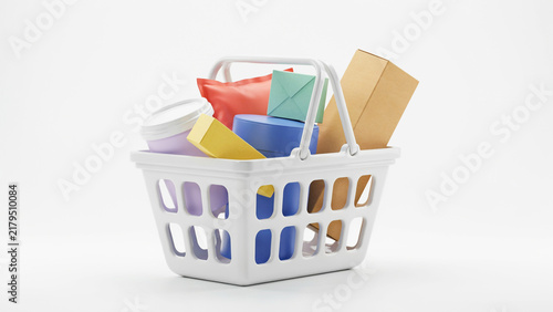White shopping basket filled with colorful household items and packaging materials on transparent background