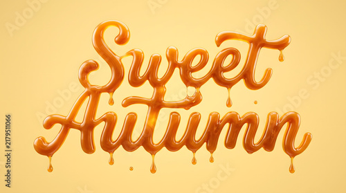Sweet Autumn Lettering Design Created With Glossy Liquid Caramel Drips Against A Smooth Soft Pastel Background