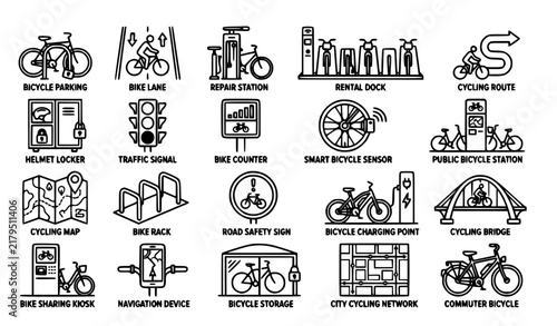 Urban Cycling Bicycle Infrastructure Icon Set - 20 Vector Symbols