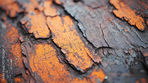 Grungy texture of weathered wood with orange and brown hues, showcasing peeling bark and intricate patterns
