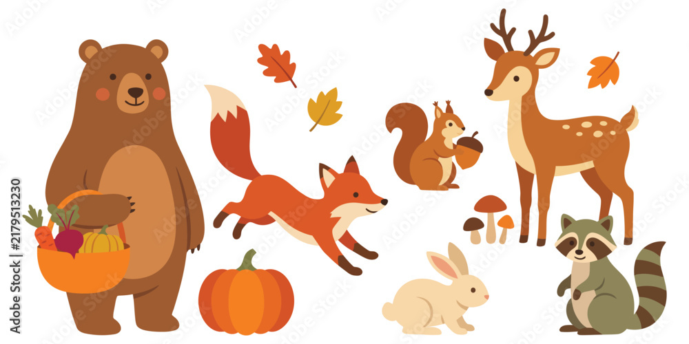 Obraz premium Autumn woodland animals clipart set with bear, fox, deer, squirrel, rabbit and raccoon.