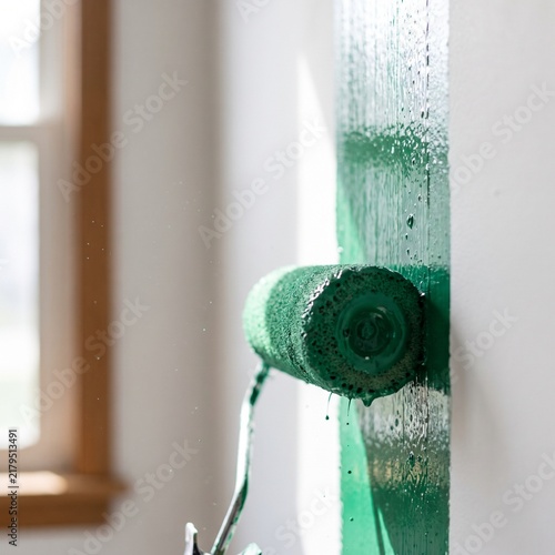 Professional Painter Using a Roller to Apply Fresh Green Paint onto an Interior White Wall During a Home Renovation Project