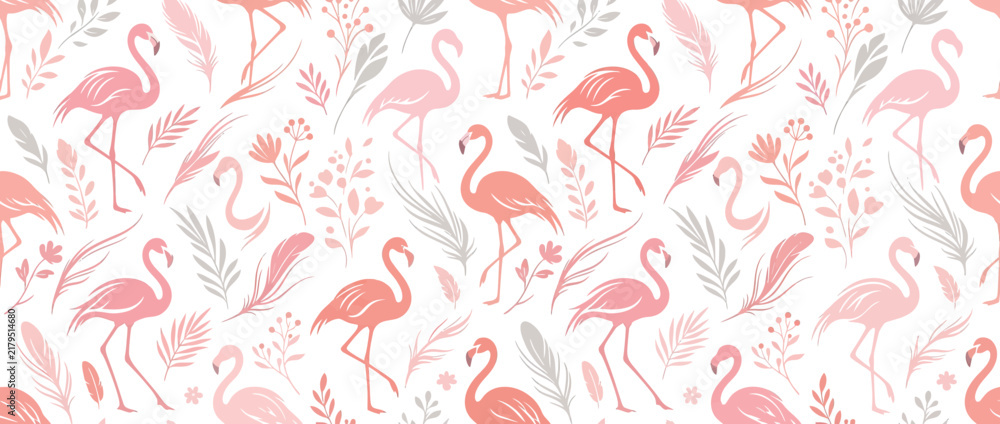 Fototapeta premium Pink Flamingoes and Feathers Seamless Pattern