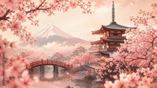 Traditional Japanese Pagoda with Mount Fuji and Cherry Blossoms in Spring Landscape