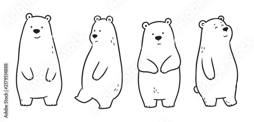 Canvas Print Four cartoon bears standing upright, in none isolated, with ears, snouts, paws, from a frontal view perspective, with black, white accents, and neutral playful mood