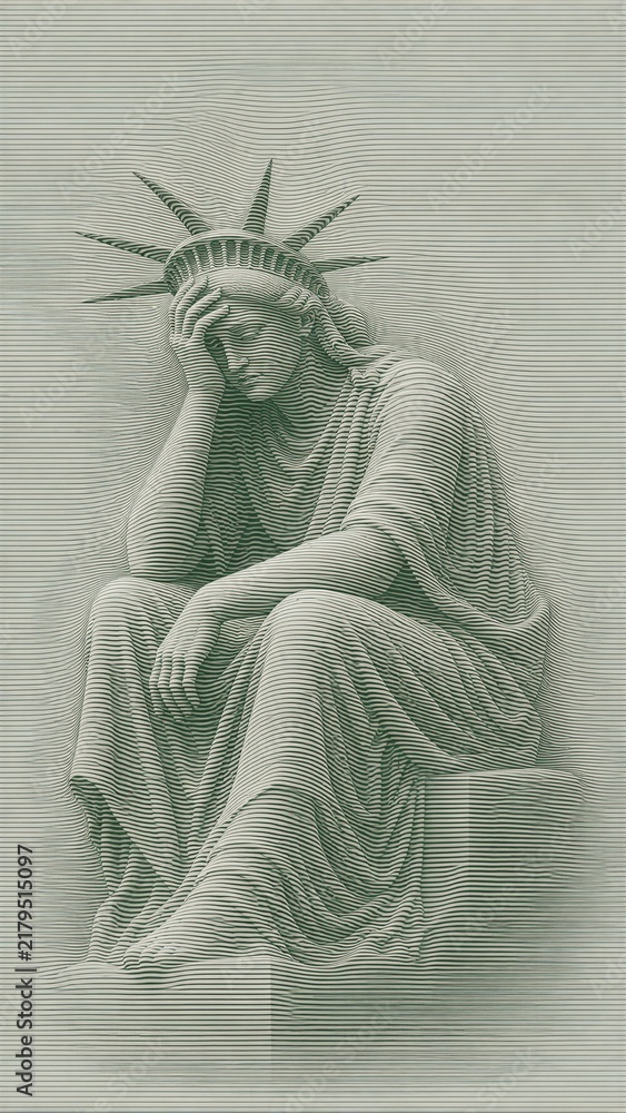 Fototapeta premium Monochromatic topographic illustration depicts the Statue of Liberty in a seated, contemplative pose created with wavy horizontal lines.