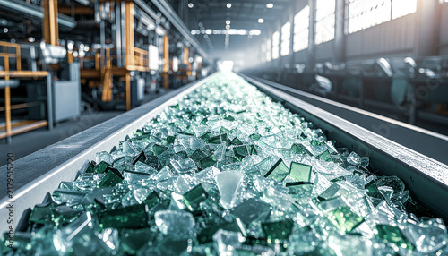 Crushed green glass moving on conveyor belt inside modern recycling facility
リサイクル工場のコンベアで選別される大量の緑色の廃ガラス