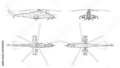 Detailed military helicopter blueprint in wireframe style on clean white background, featuring intricate rotor blades, landing gear, and weapon systems.