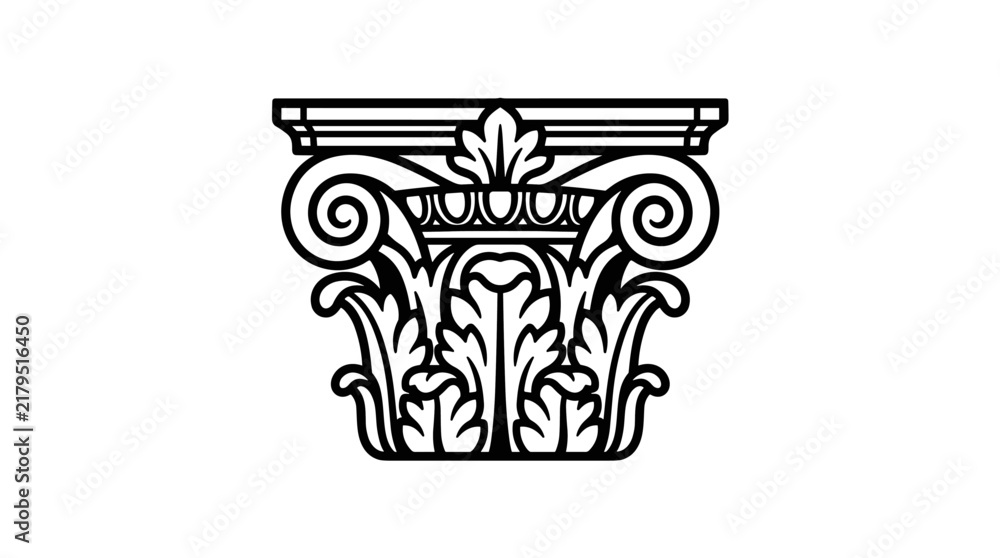 Obraz premium Composite capital architectural element, volutes and acanthus leaves, black silhouette on white background, clean line art, historical design