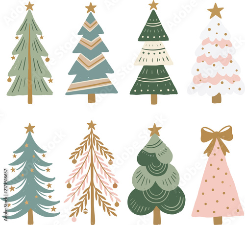 Eight stylized christmas trees with stars and ornaments are arranged on a white background evergreen