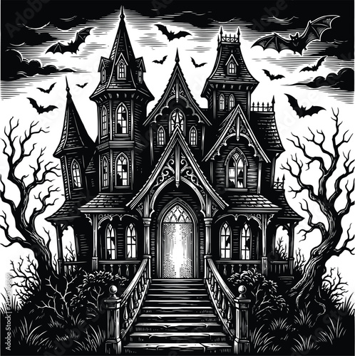Detailed gothic mansion illustration features bats in flight against a dark dramatic sky architecture building
