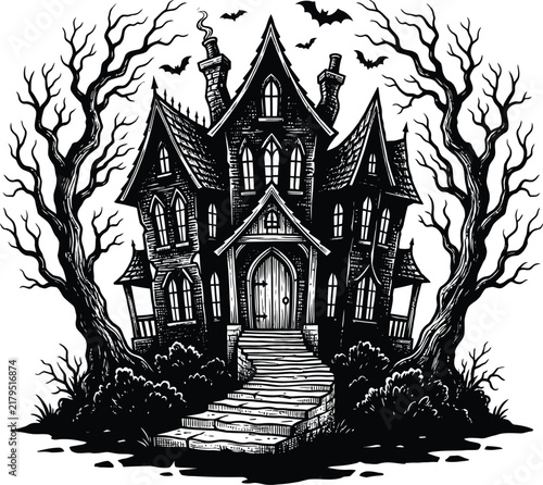 Detailed vector illustration depicts a gothic mansion surrounded by bare trees on a white background