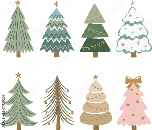 Eight stylized christmas trees with stars and varied color schemes on a white background evergreen