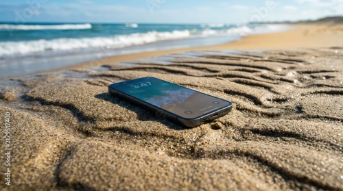Smartphone Left on Sandy Beach Near Ocean Waves.