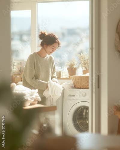 Young Asian woman folding clean laundry in a sunlit laundry room next to a washing machine